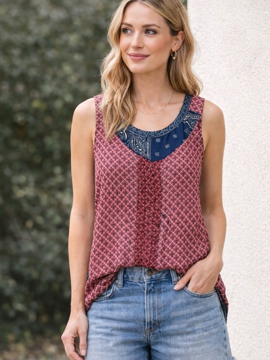One September Tops - Anthro One September Mixed Print Tank Top Boho Bandana Patchwork Red Blue Sz M *